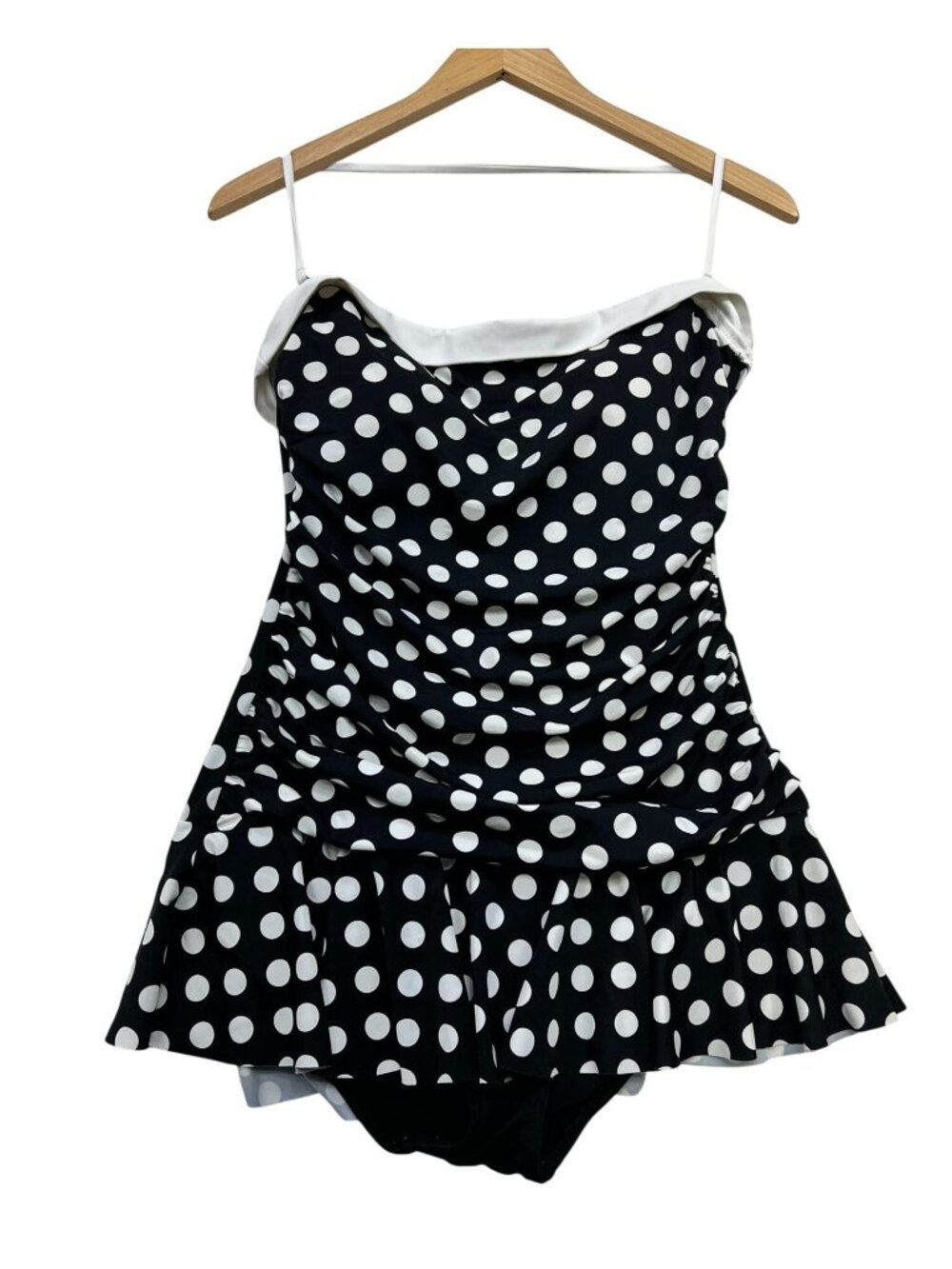 Chaps Womens Ruched Halter One Piece Tankini Dress Swimsuit Size 16 Black Polka